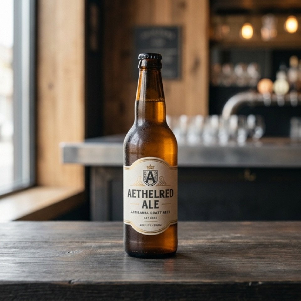 Botella de cerveza artesanal tipo ale sobre la barra de un bar, con luces cálidas de fondo