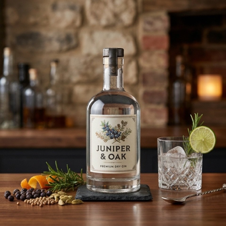Botella de ginebra premium 'Juniper & Oak' con enebro, romero y naranja, junto a un vaso con limón y hielo