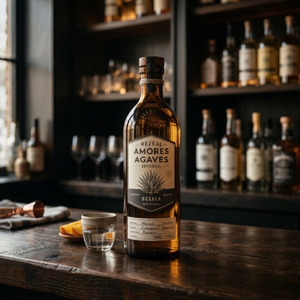 Botella de mezcal artesanal 'Amores Agaves' sobre la barra, con vaso y rodajas de naranja