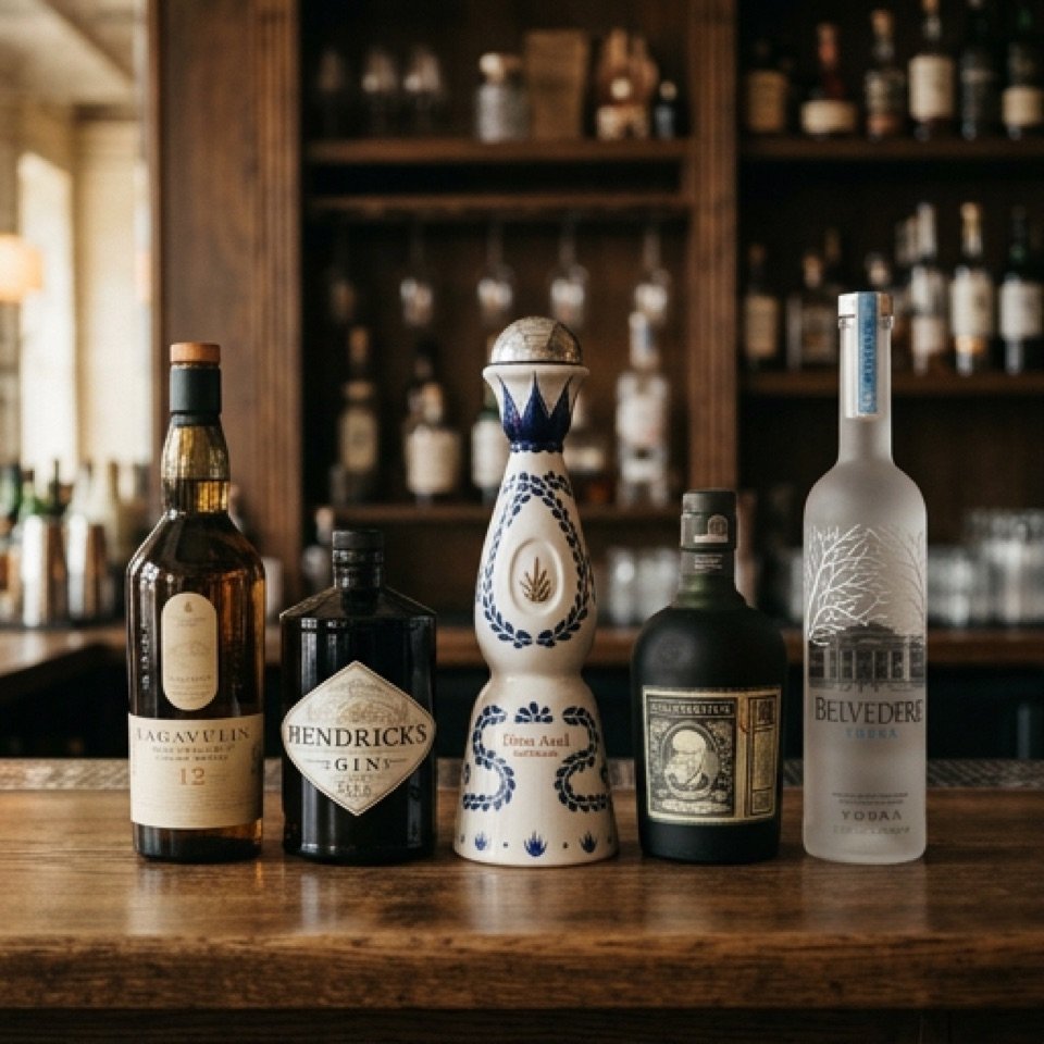 Selección de botellas de licores variados sobre la barra de un bar