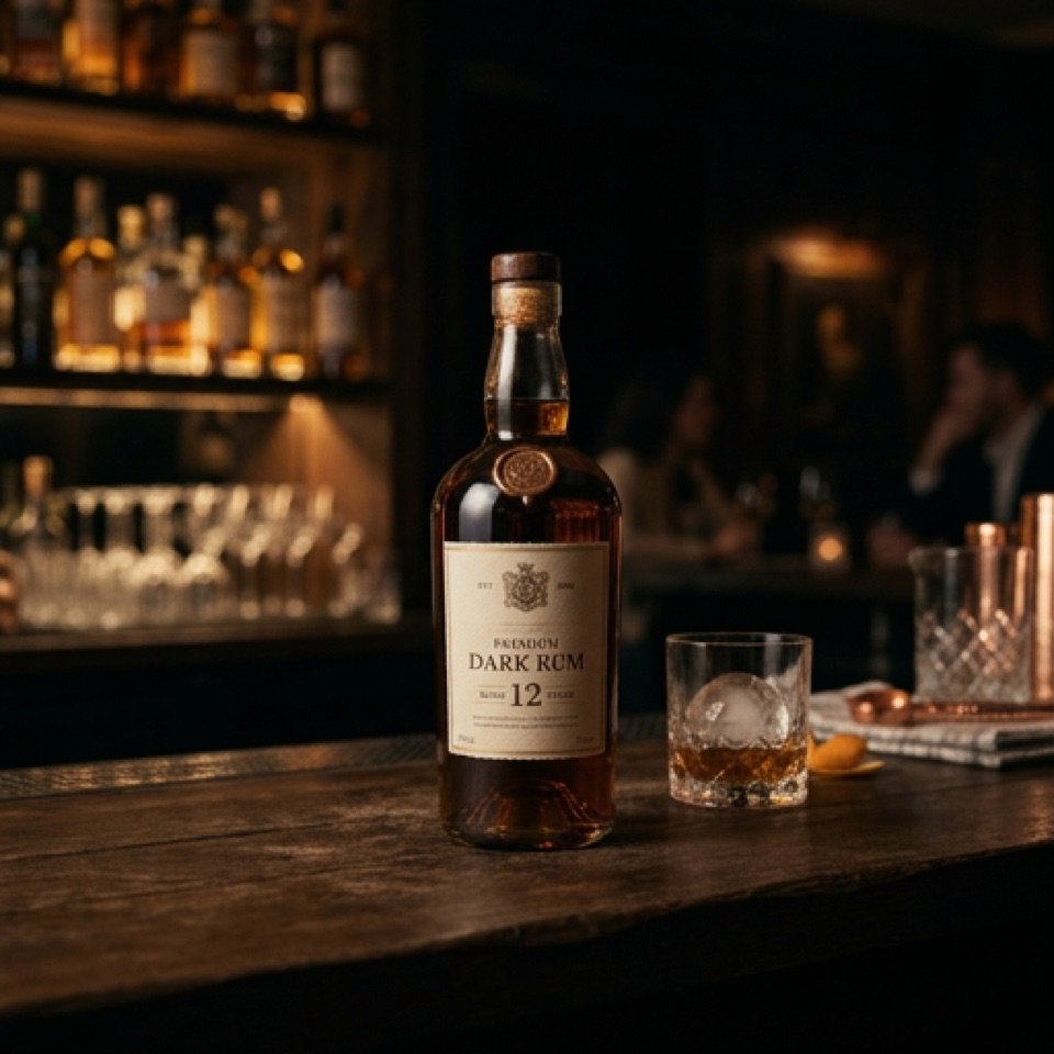 Botella de ron oscuro añejado 12 años sobre la barra, con vaso, hielo y jigger de cobre