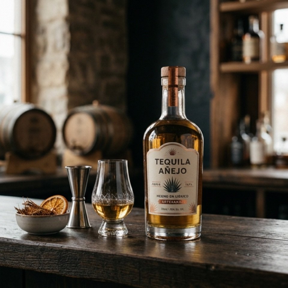 Botella de Tequila Añejo sobre la barra, con jigger, copa y un tazón de rodajas de naranja deshidratada