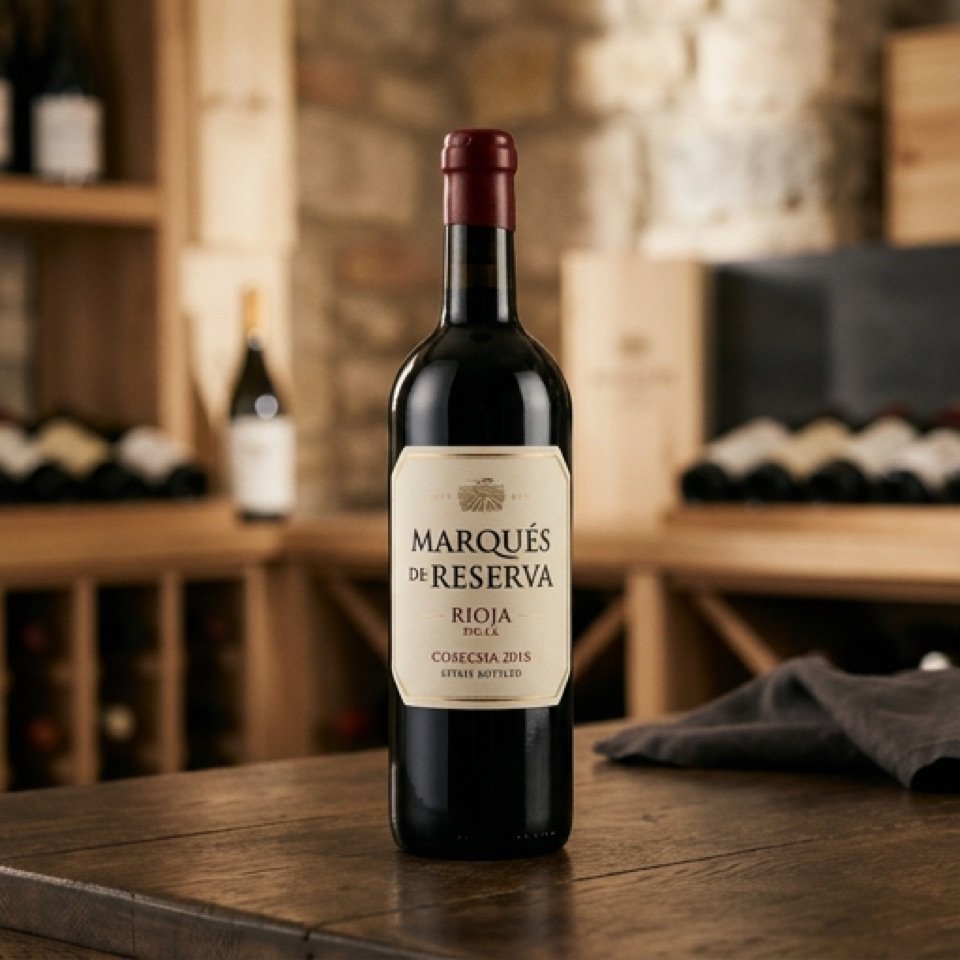 Botella de vino tinto Rioja de reserva sobre una mesa de madera, con cava de vinos al fondo