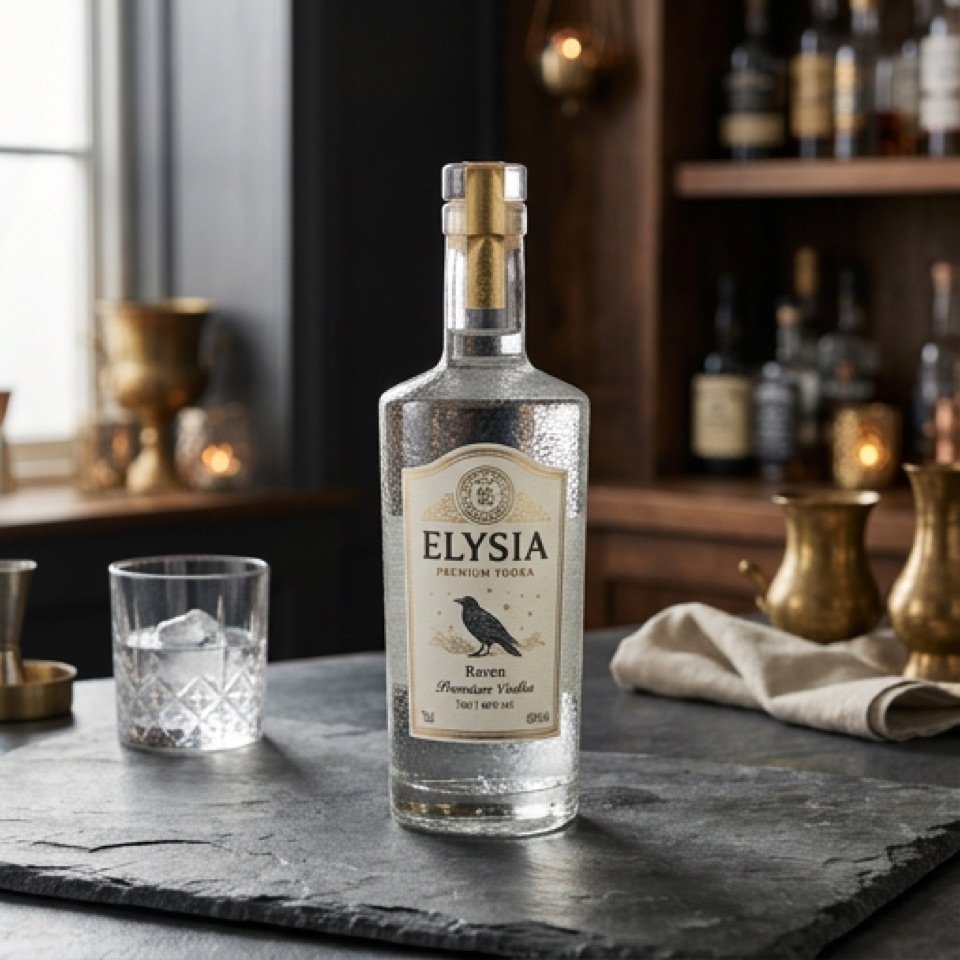 Botella de vodka premium 'Elysia' sobre la barra, con vaso, hielo y jarras de cobre al fondo