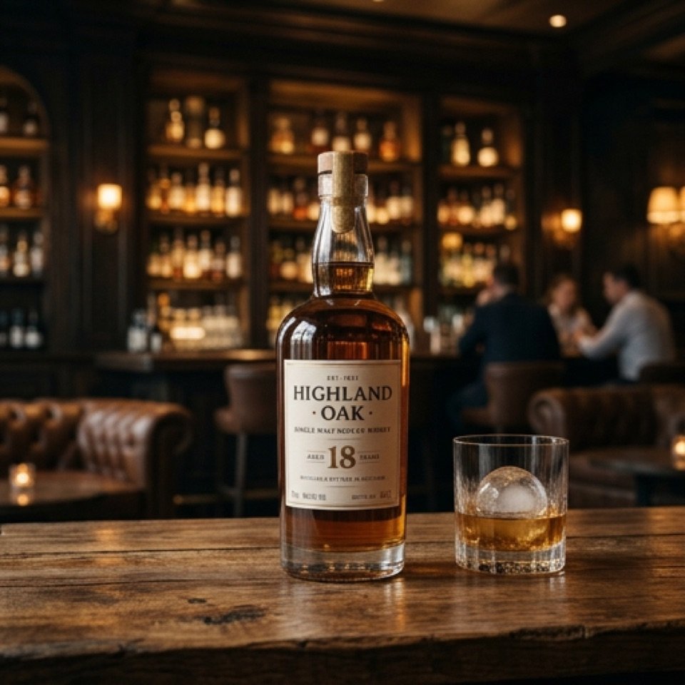 Botella de whisky escocés de malta 'Highland Oak' 18 años junto a un vaso con hielo, ambiente de bar